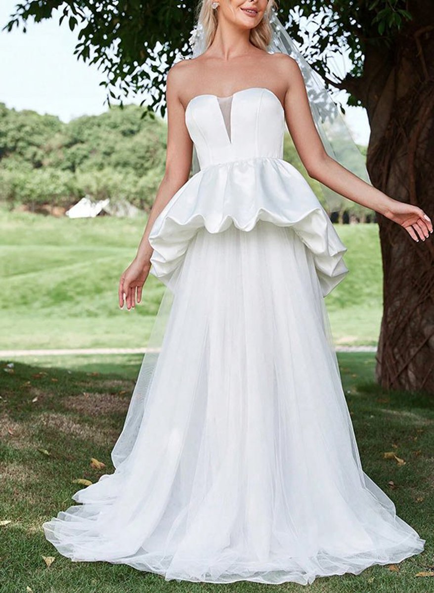 A-line Strapless Sleeveless Sweep Train Satin Tulle Wedding Dresses with Cascading Ruffles
