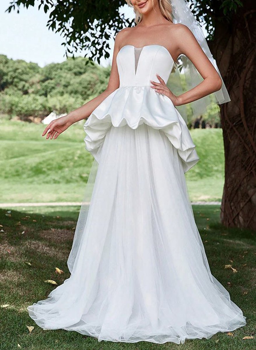 A-line Strapless Sleeveless Sweep Train Satin Tulle Wedding Dresses with Cascading Ruffles