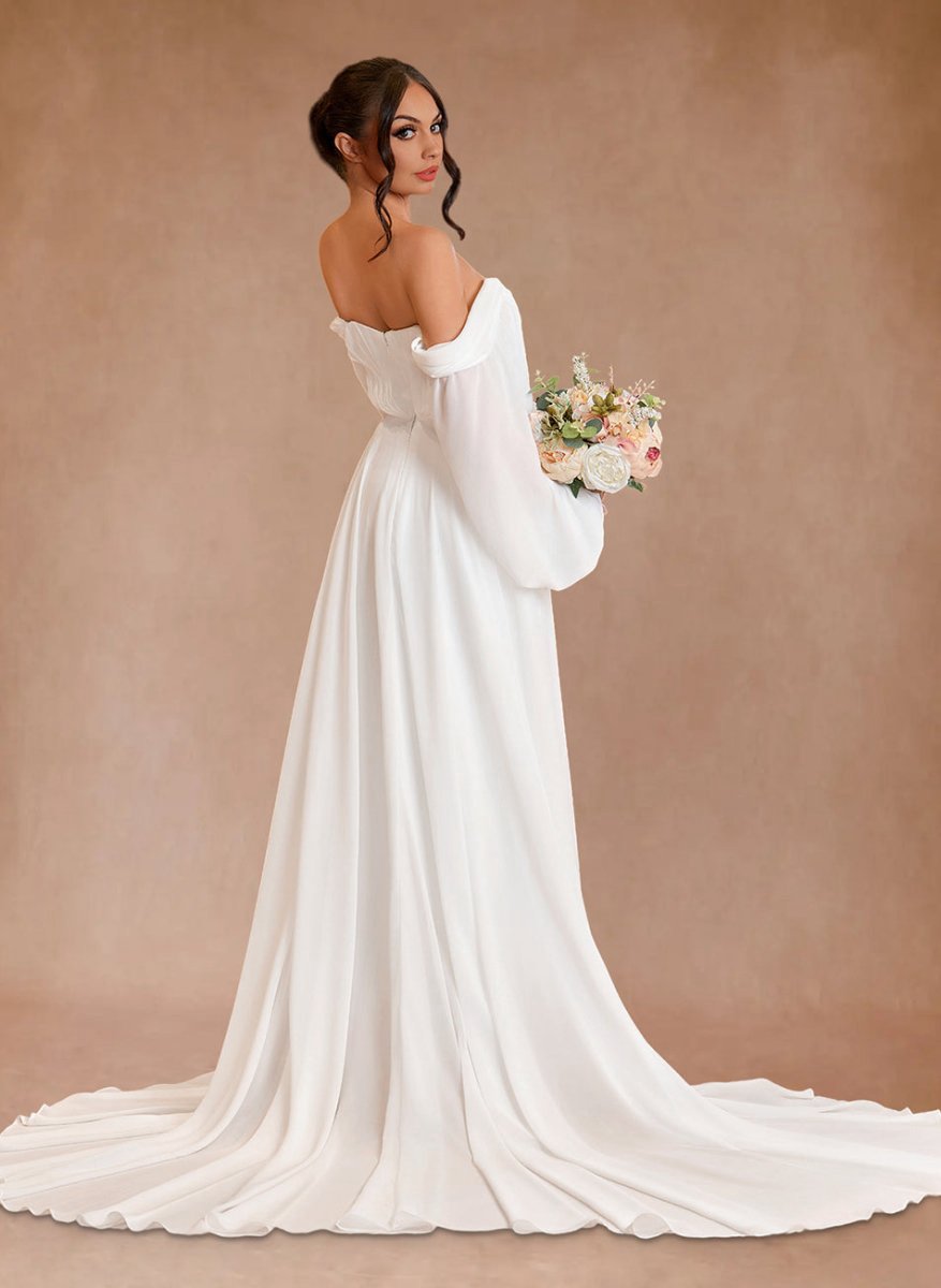 A-line Sweetheart Long Sleeves Chiffon Sweep Train Wedding Dresses