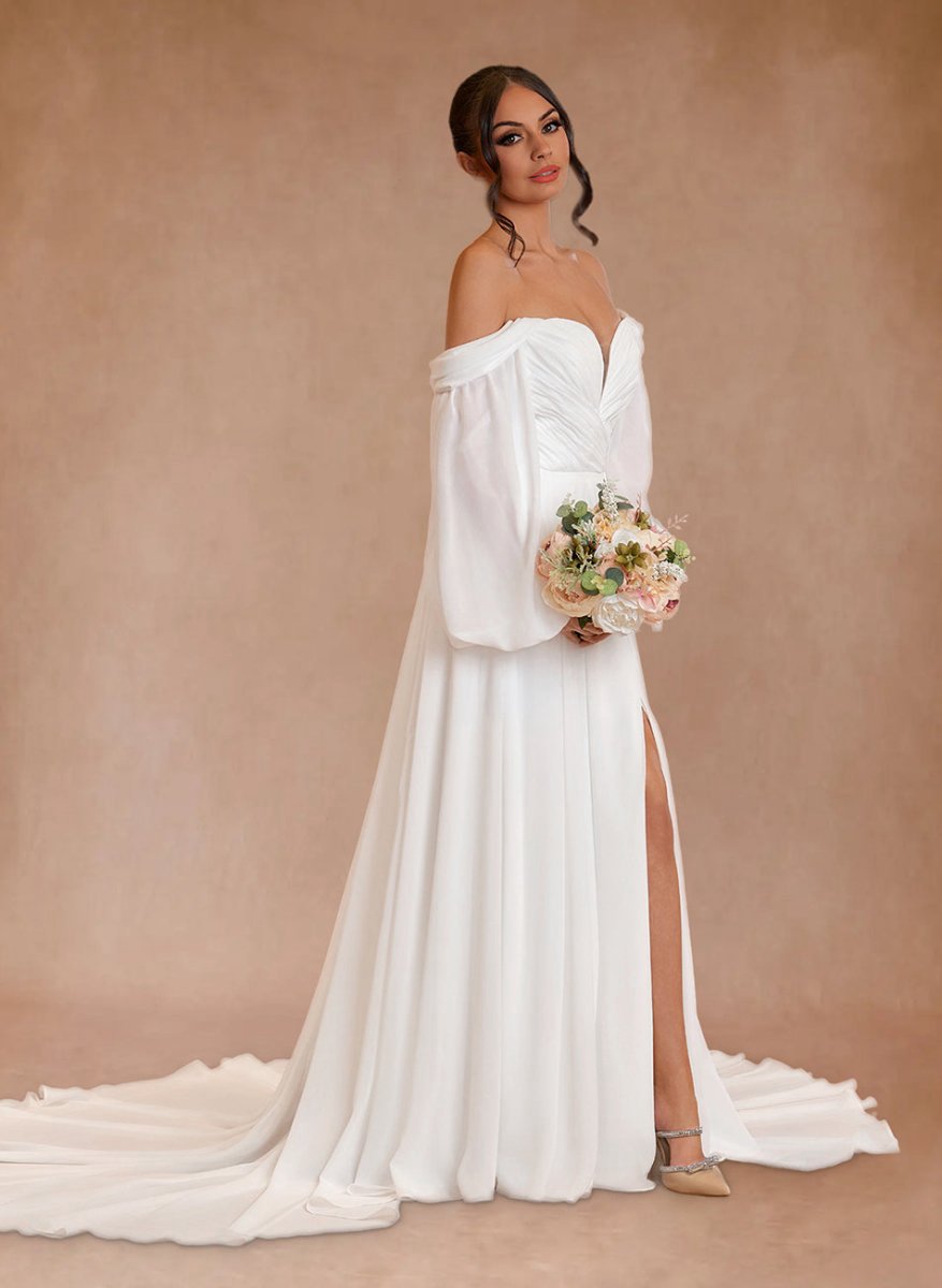 A-line Sweetheart Long Sleeves Chiffon Sweep Train Wedding Dresses
