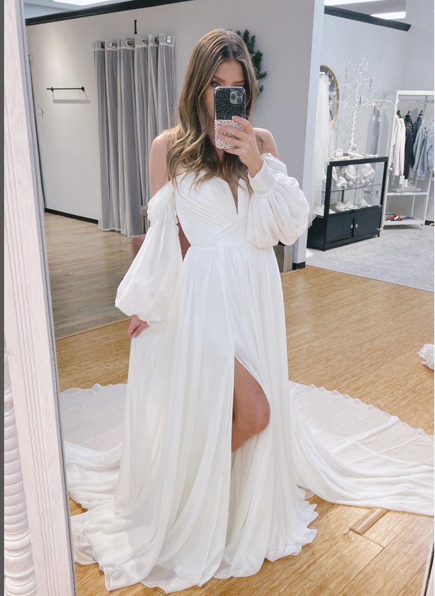 A-line Sweetheart Long Sleeves Chiffon Sweep Train Wedding Dresses