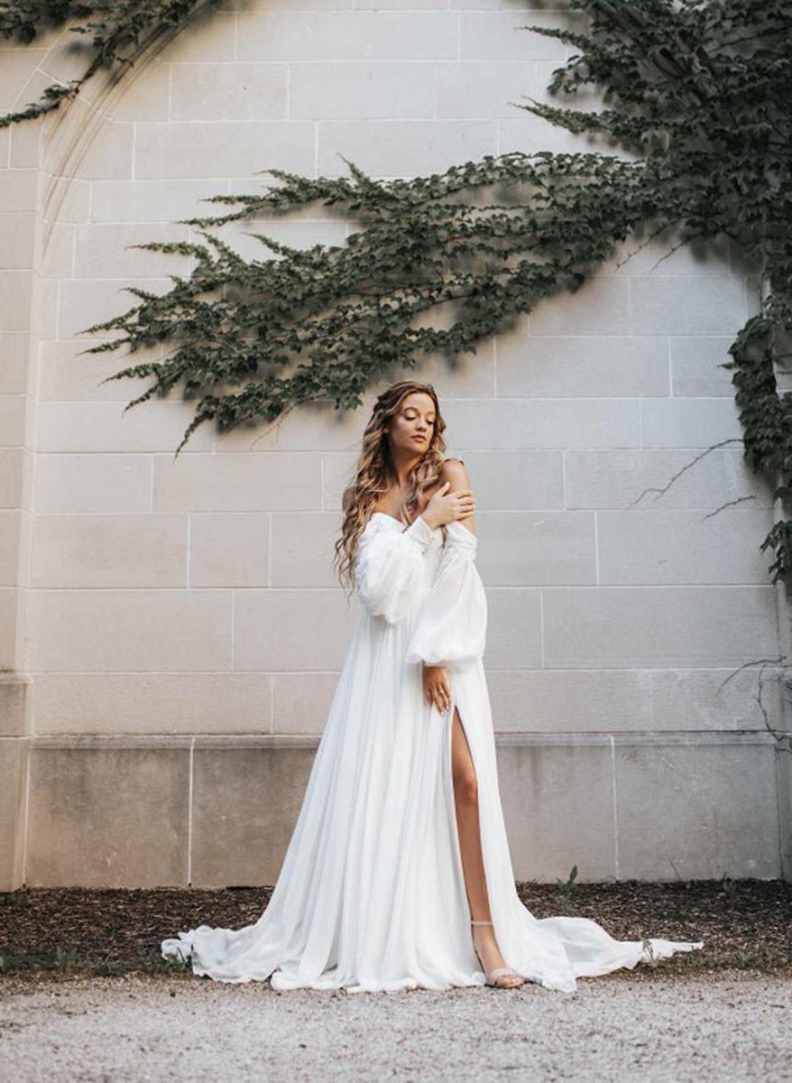 A-line Sweetheart Long Sleeves Chiffon Sweep Train Wedding Dresses