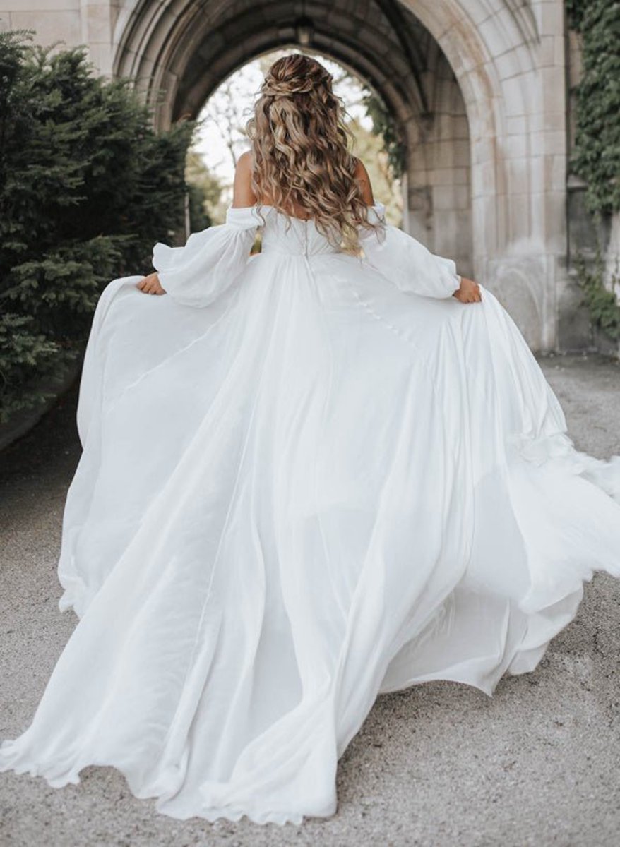 A-line Sweetheart Long Sleeves Chiffon Sweep Train Wedding Dresses