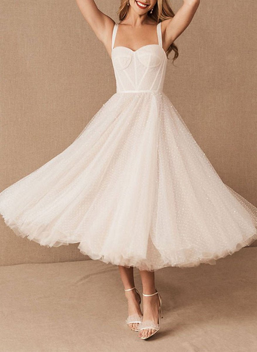 A-line Sweetheart Sleeveless Tulle Tea-Length Wedding Dresses with Pleated