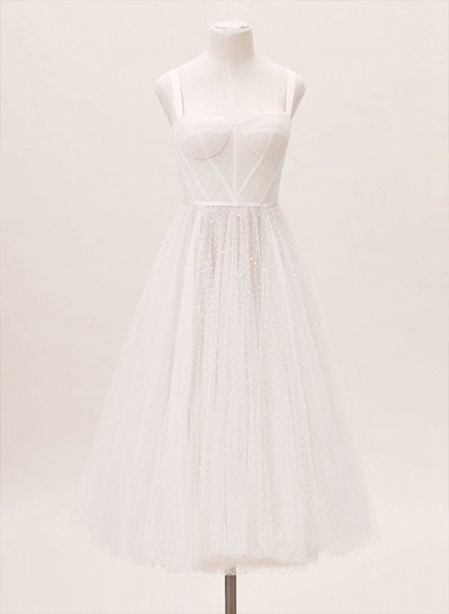 A-line Sweetheart Sleeveless Tulle Tea-Length Wedding Dresses with Pleated