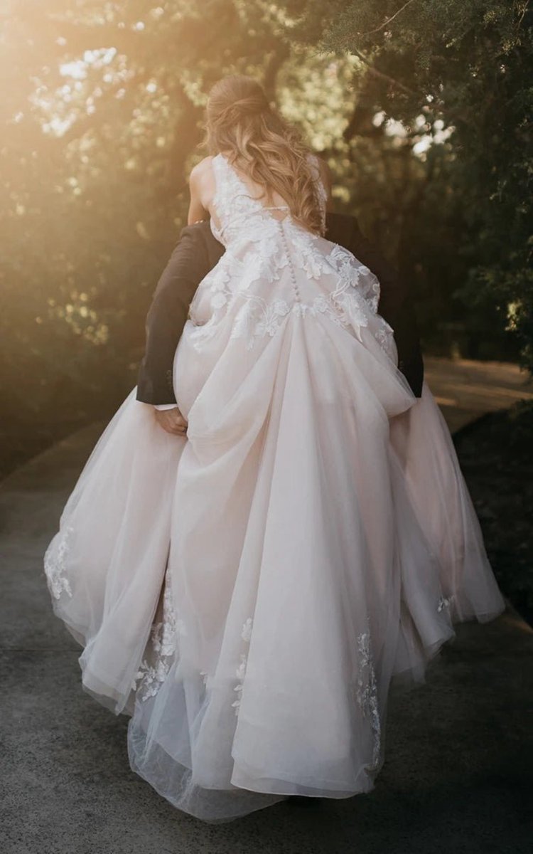 Adorable A-line Lace Wedding Dresses with Appliques And Illusion Deep-V Back