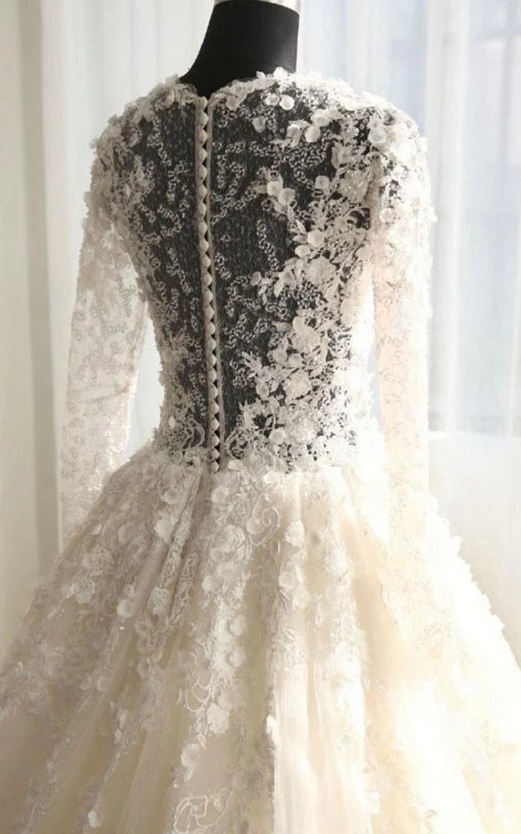 A-line Long Sleeve Bell Beading Appliques Flower Zipper Keyhole Tulle Lace Dresses