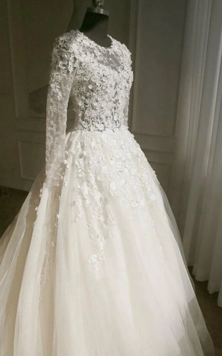 A-line Long Sleeve Bell Beading Appliques Flower Zipper Keyhole Tulle Lace Dresses