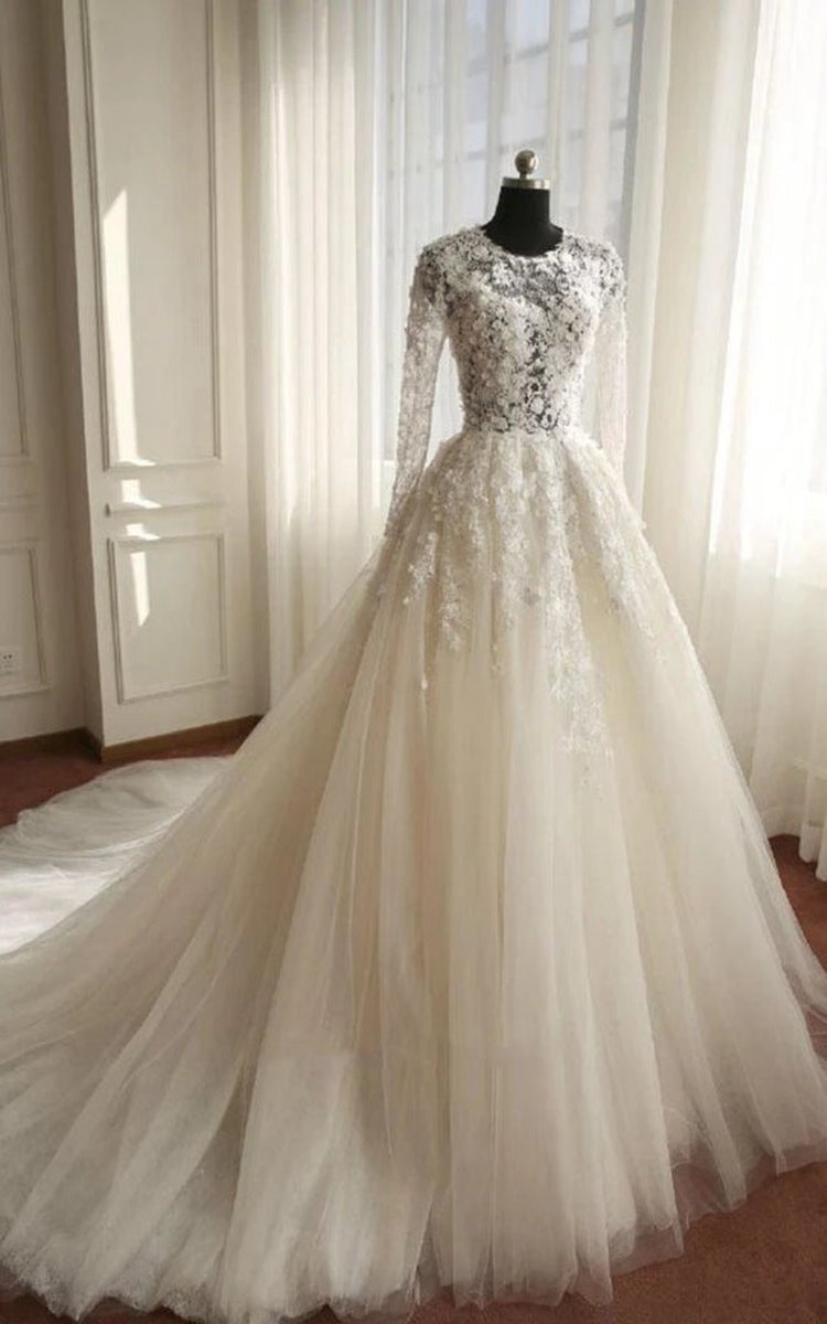 A-line Long Sleeve Bell Beading Appliques Flower Zipper Keyhole Tulle Lace Dresses