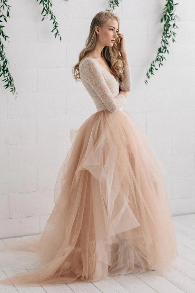 Tulle Satin Tie rs Zipper V Neck Long Sleeves Wedding Dresses