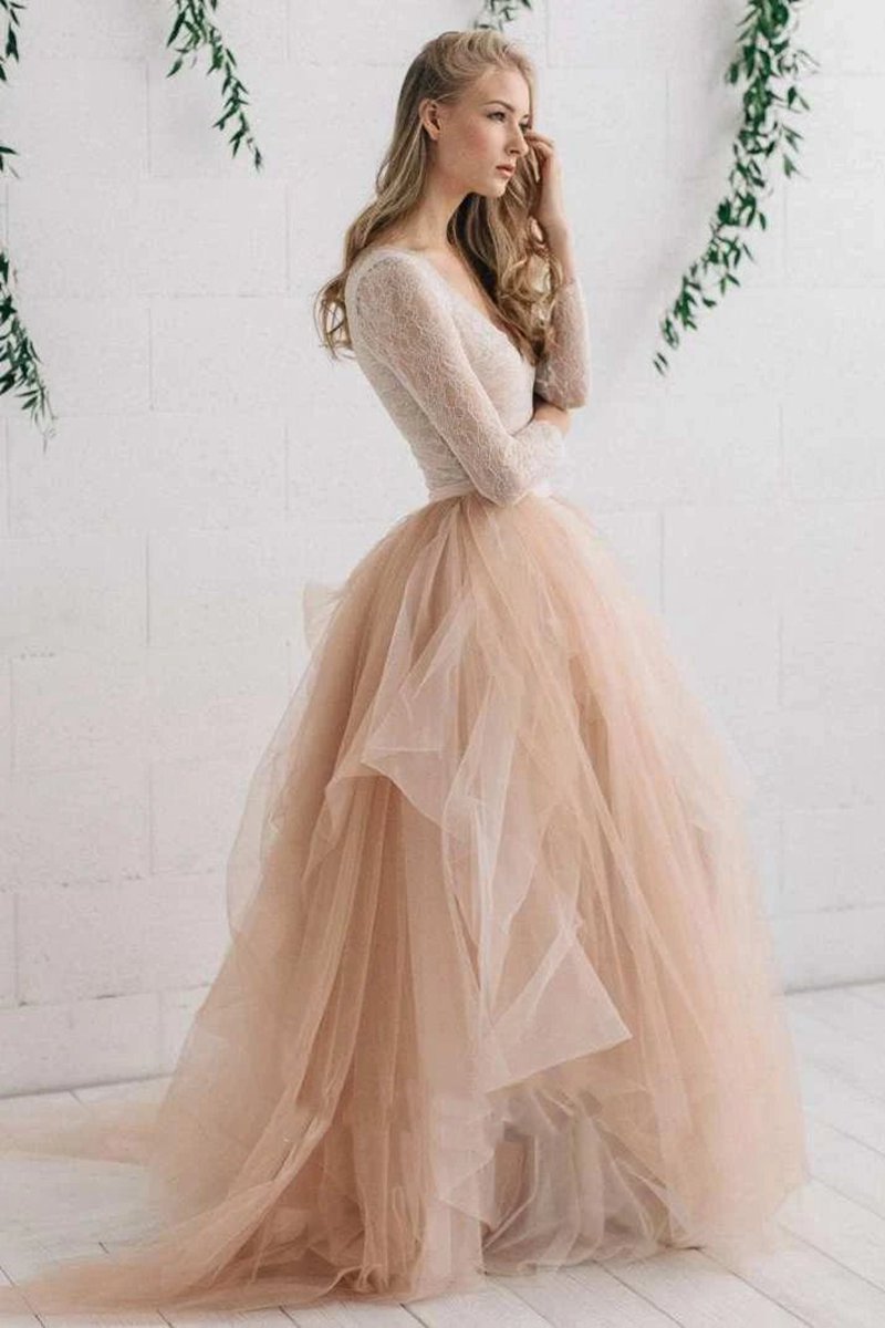 Tulle Satin Tie rs Zipper V Neck Long Sleeves Wedding Dresses