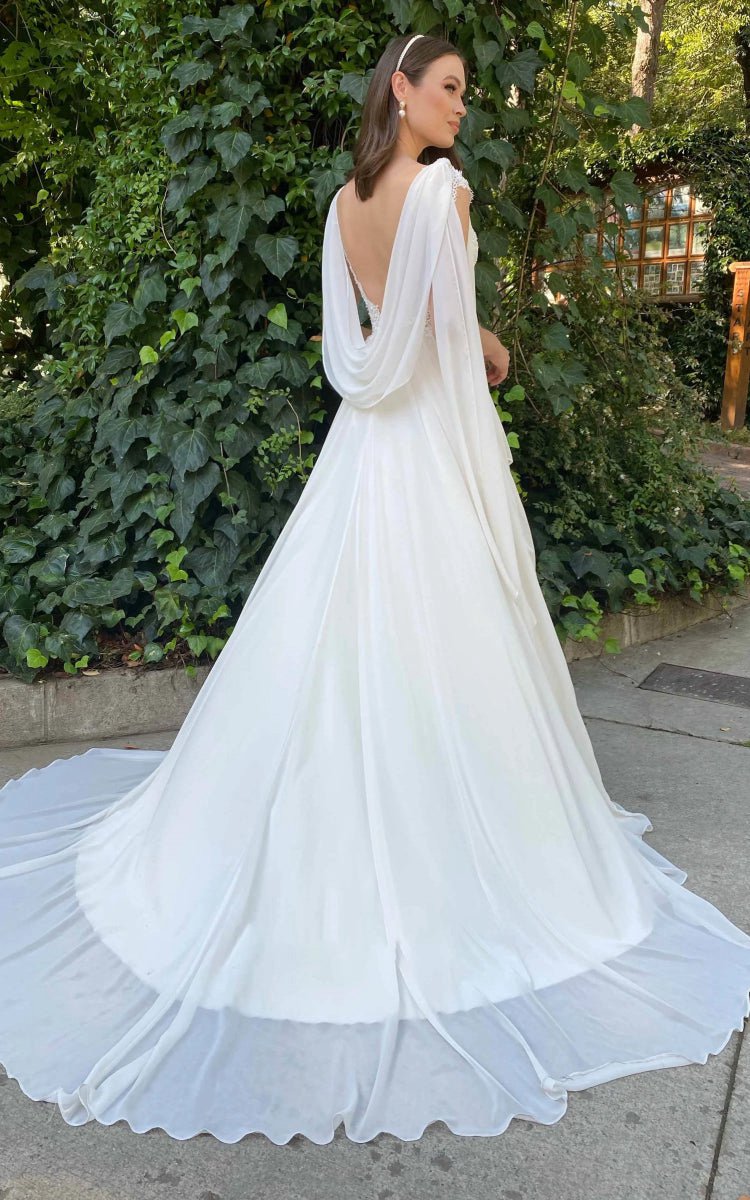 Greek Simple A-line V-neck Chiffon Court Train Wedding Dresses with Ruching