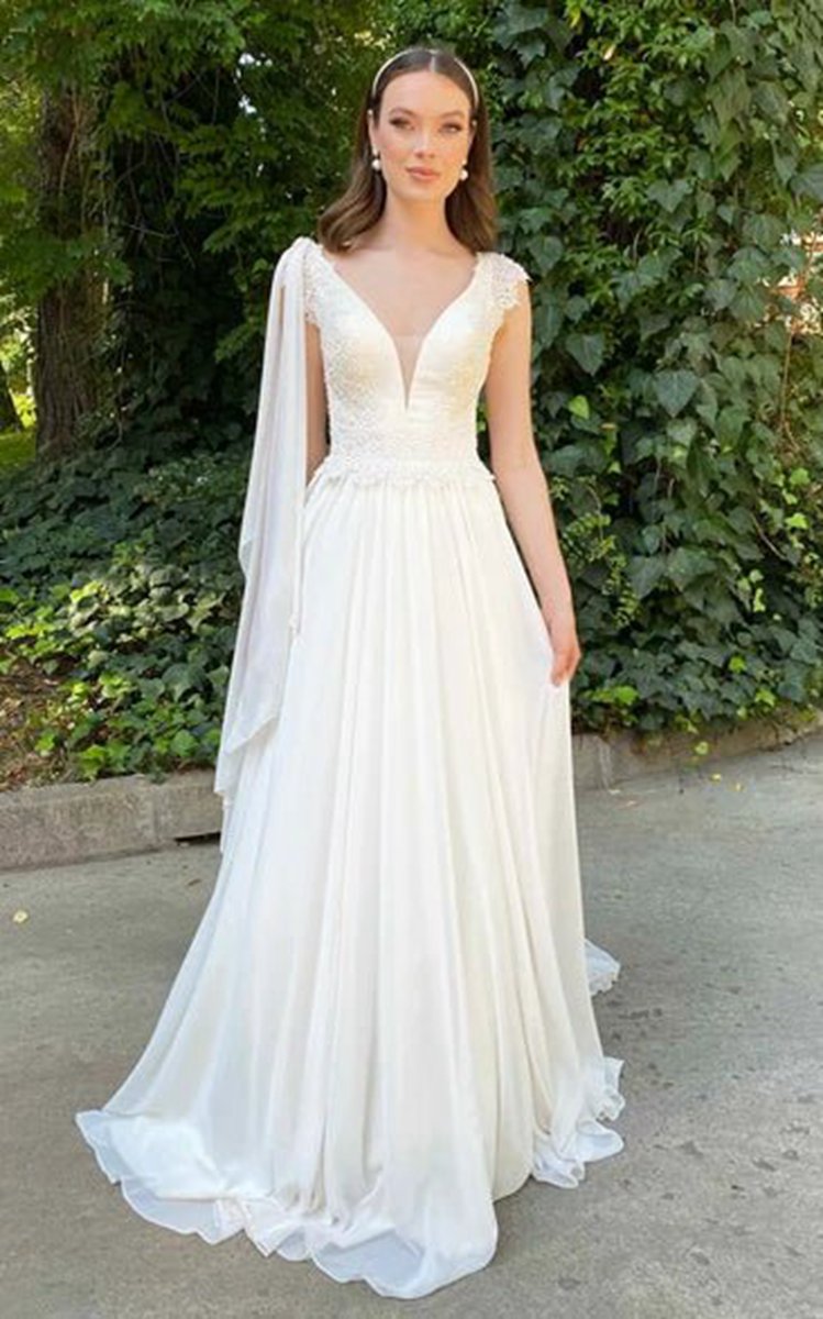 Greek Simple A-line V-neck Chiffon Court Train Wedding Dresses with Ruching