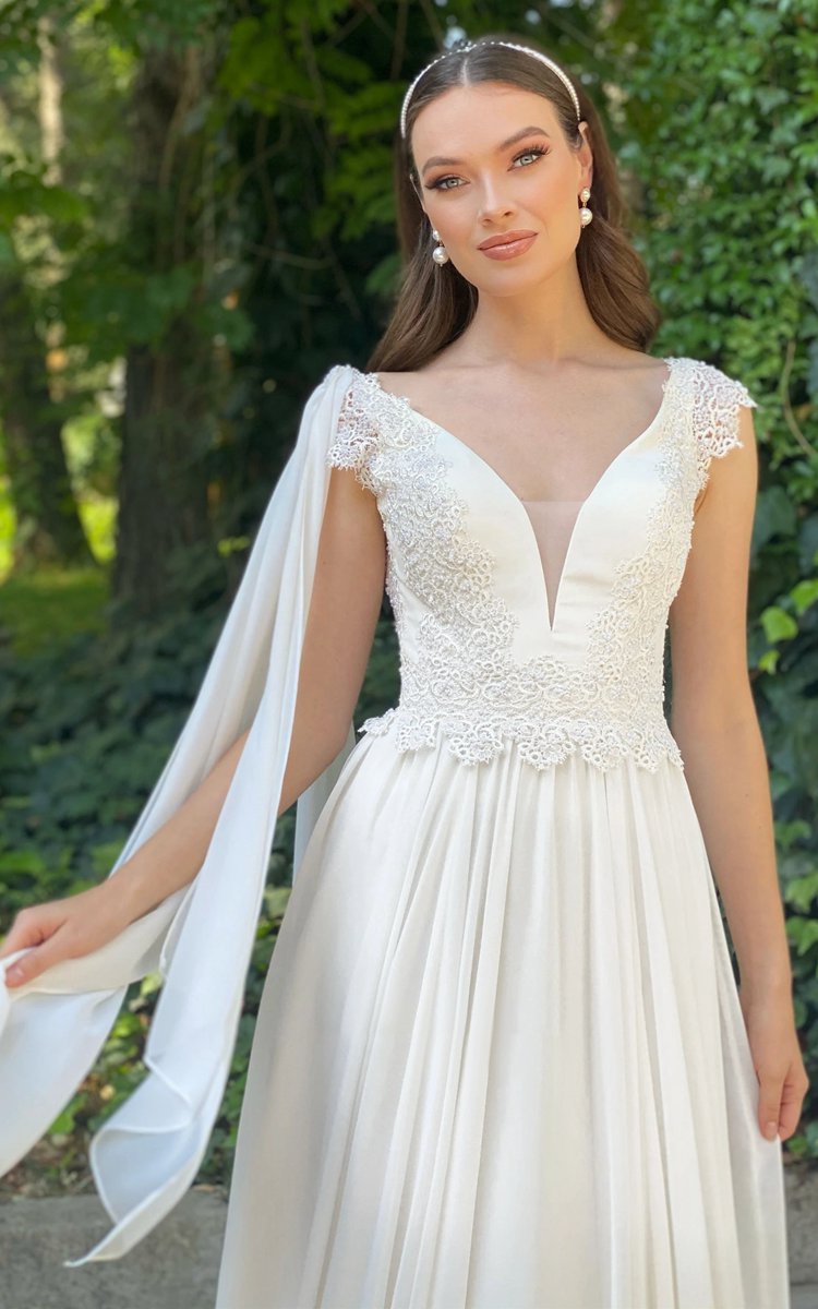 Greek Simple A-line V-neck Chiffon Court Train Wedding Dresses with Ruching