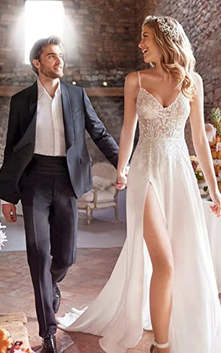 A-line Spaghetti Chiffon Wedding Dresses Simple Bohemian Elegant Summer Beach Garden with Open Back And Sleevesless And Split Front