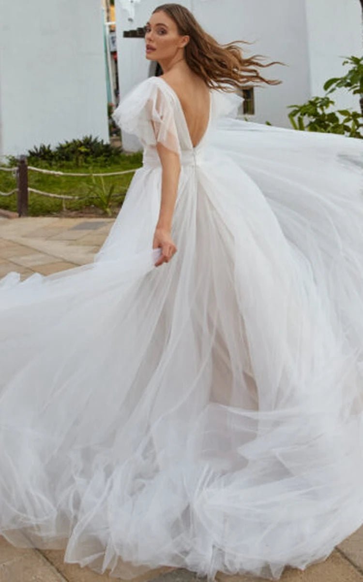 Casual Beach A-line Tulle Wedding Dresses with V-neck And Low-V Back