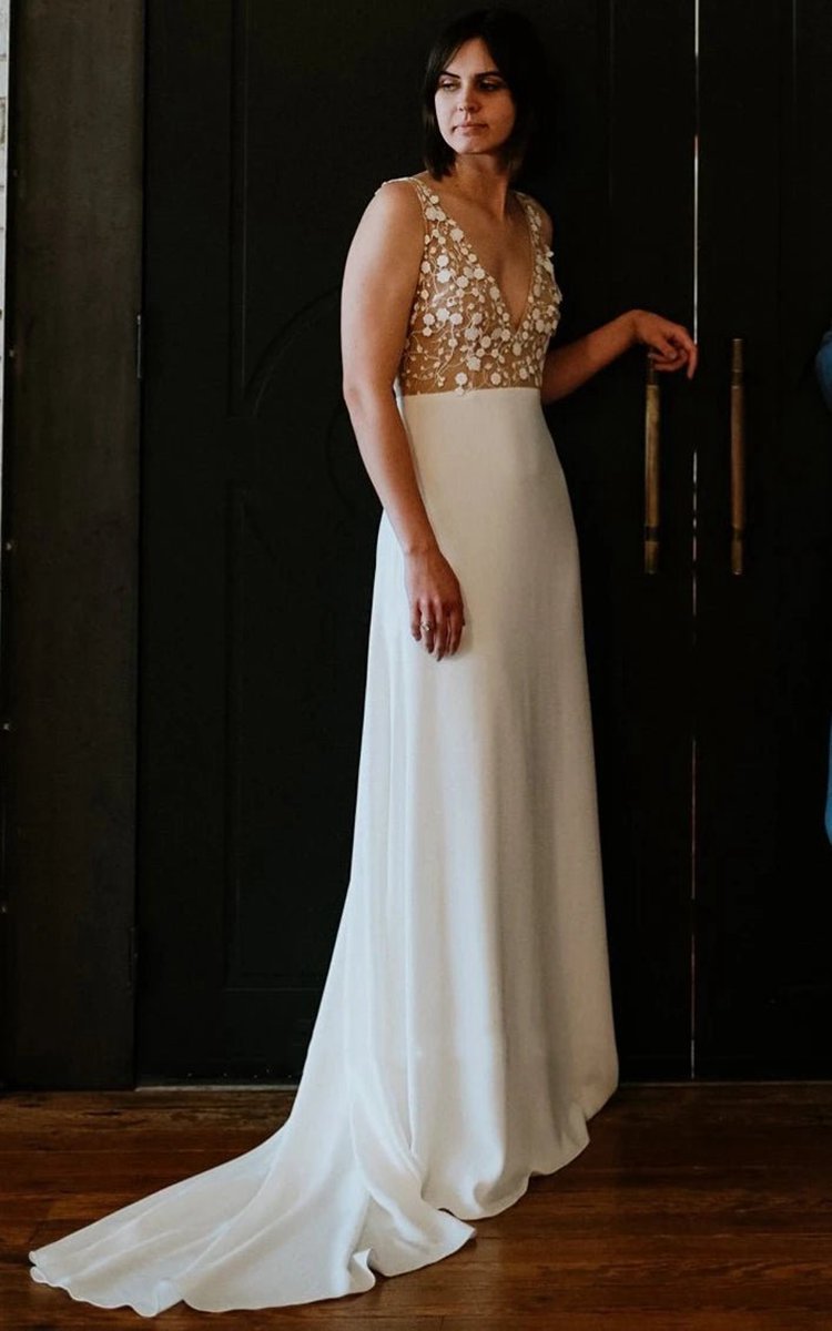 A-line Satin Simple V-neck Wedding Dresses with Low-V Back And Appliques