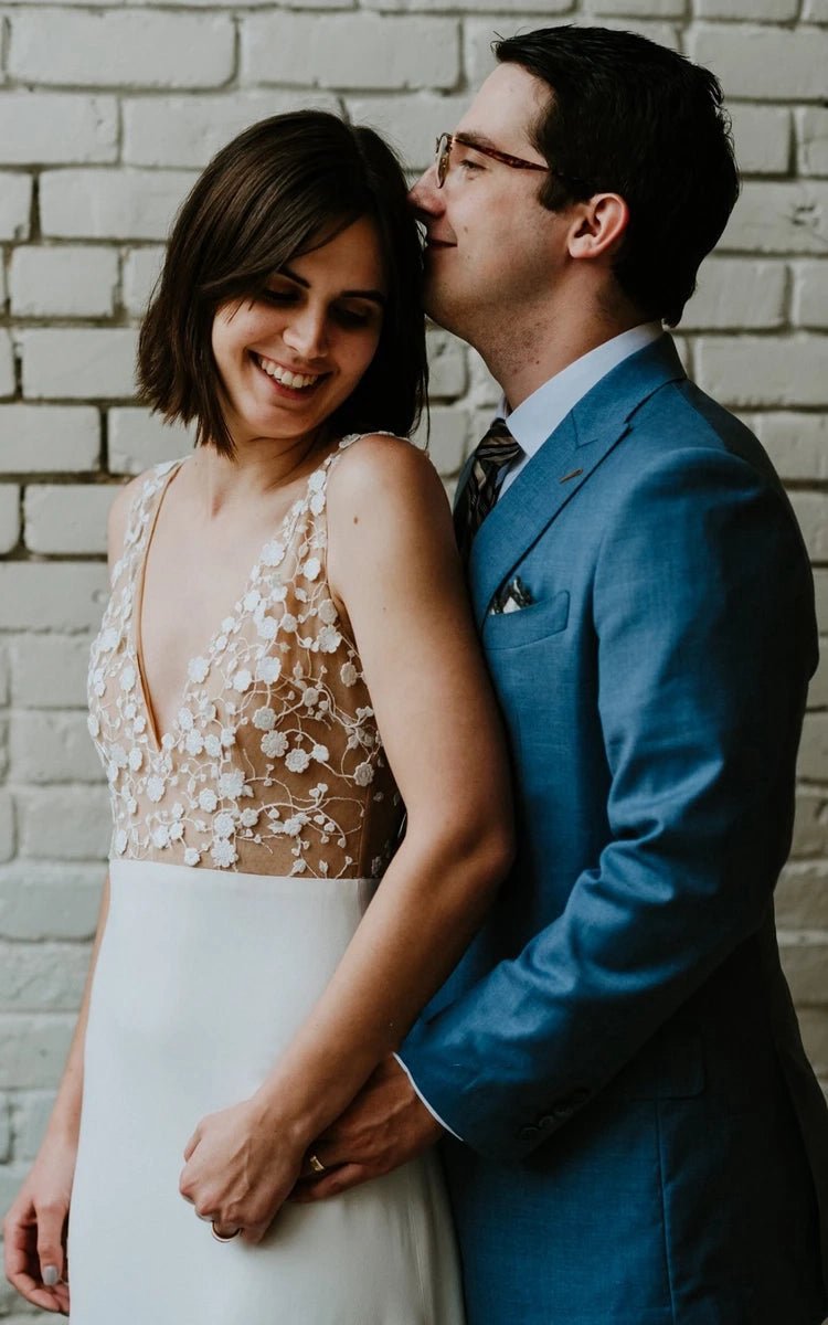 A-line Satin Simple V-neck Wedding Dresses with Low-V Back And Appliques