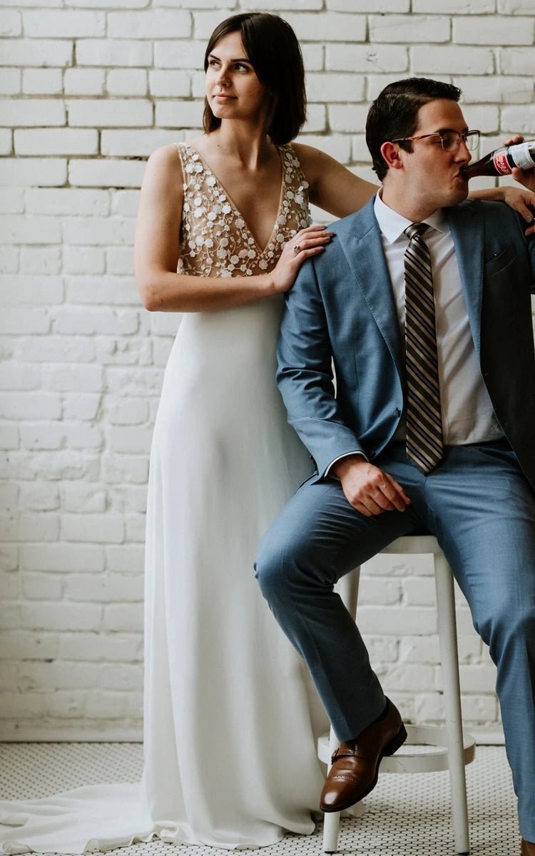 A-line Satin Simple V-neck Wedding Dresses with Low-V Back And Appliques