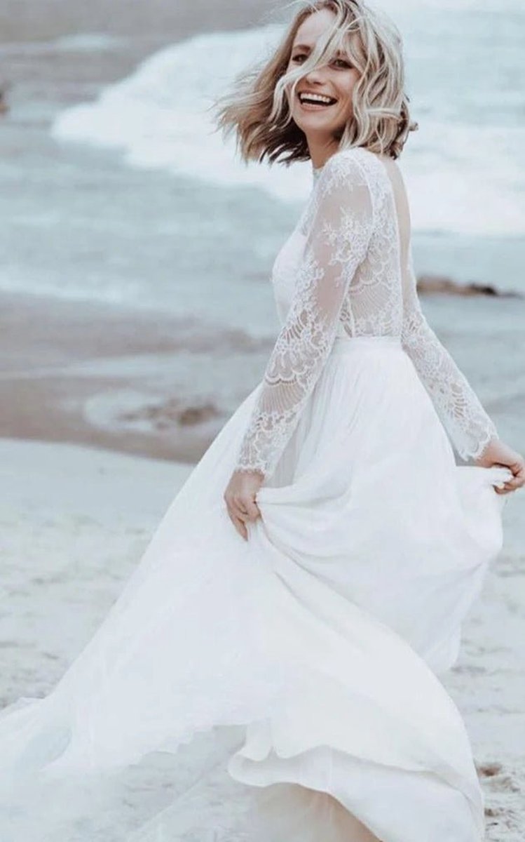 Casual Lace Bateau A-line Tulle Floor-length Wedding Dresses with Split Front and Pleats