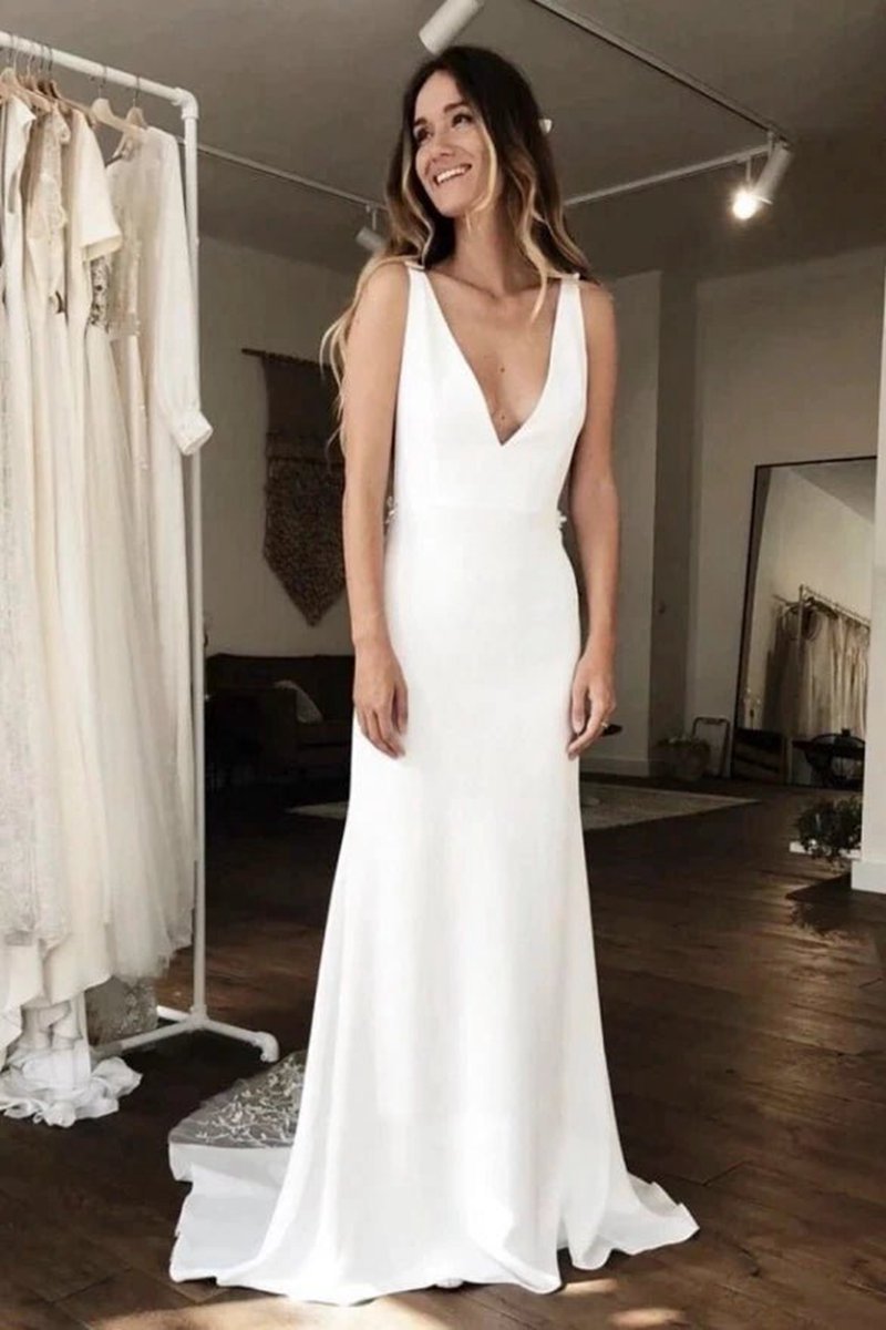 Simple Sleeveless Plunging Satin Wedding Dresses with Illusion Deep V-back And Lace