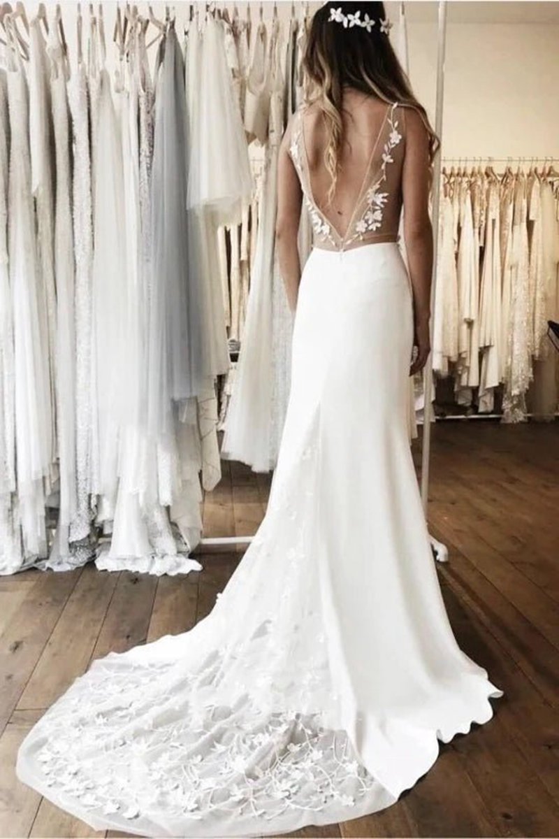 Simple Sleeveless Plunging Satin Wedding Dresses with Illusion Deep V-back And Lace