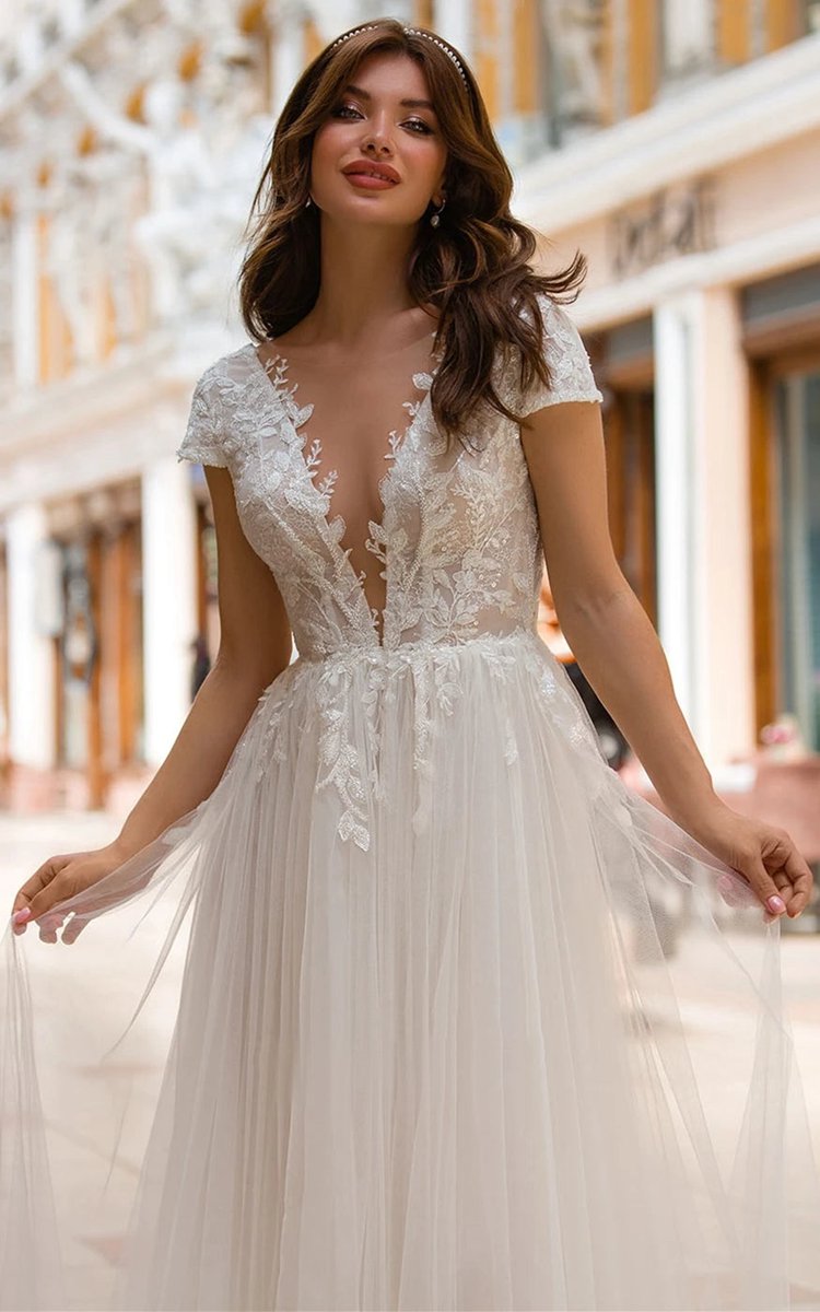 A-line Plunging Neckline Tulle Sweep Train Wedding Dresses with Appliques