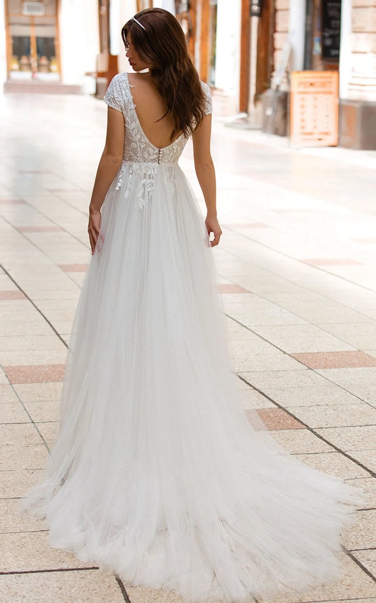 A-line Plunging Neckline Tulle Sweep Train Wedding Dresses with Appliques