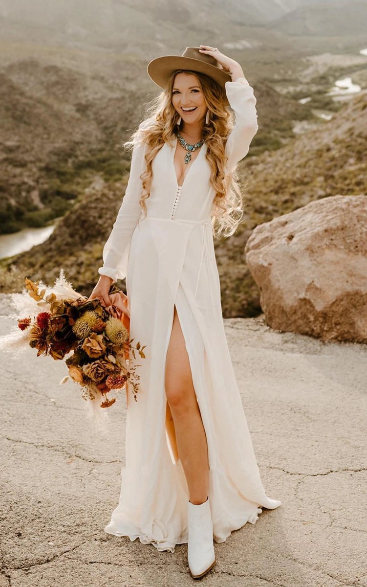 A-line Sleeved Chiffon Wedding Dresses with Sweep Train and Slit