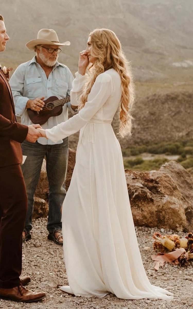 A-line Sleeved Chiffon Wedding Dresses with Sweep Train and Slit