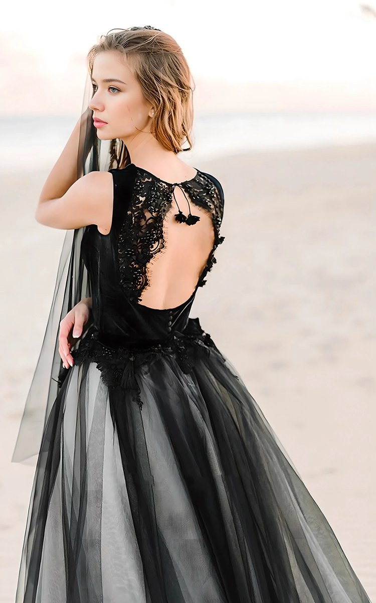 A-line and Unique Fairy Beach Lace Tulle Square Neck Floor Wedding Dresses with Keyhole Back