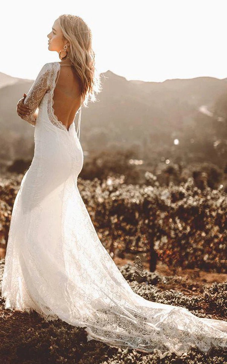 Vintage Sheath Satin V-neck Long Sleeve Wedding Dresses