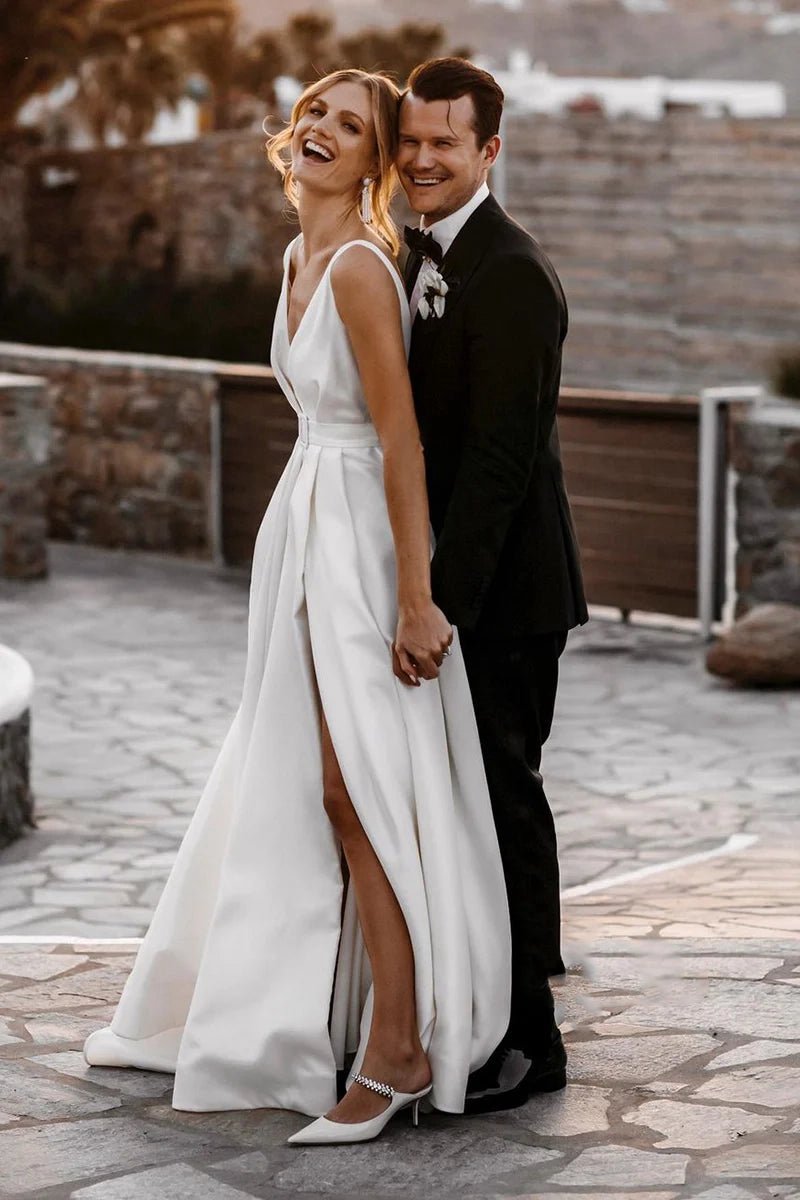 Attractive Deep V-Neck Satin Bohemian Wedding Dresses