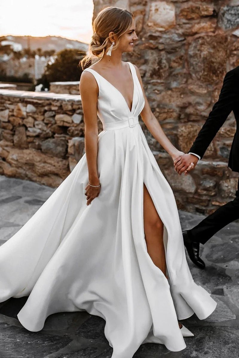 Attractive Deep V-Neck Satin Bohemian Wedding Dresses