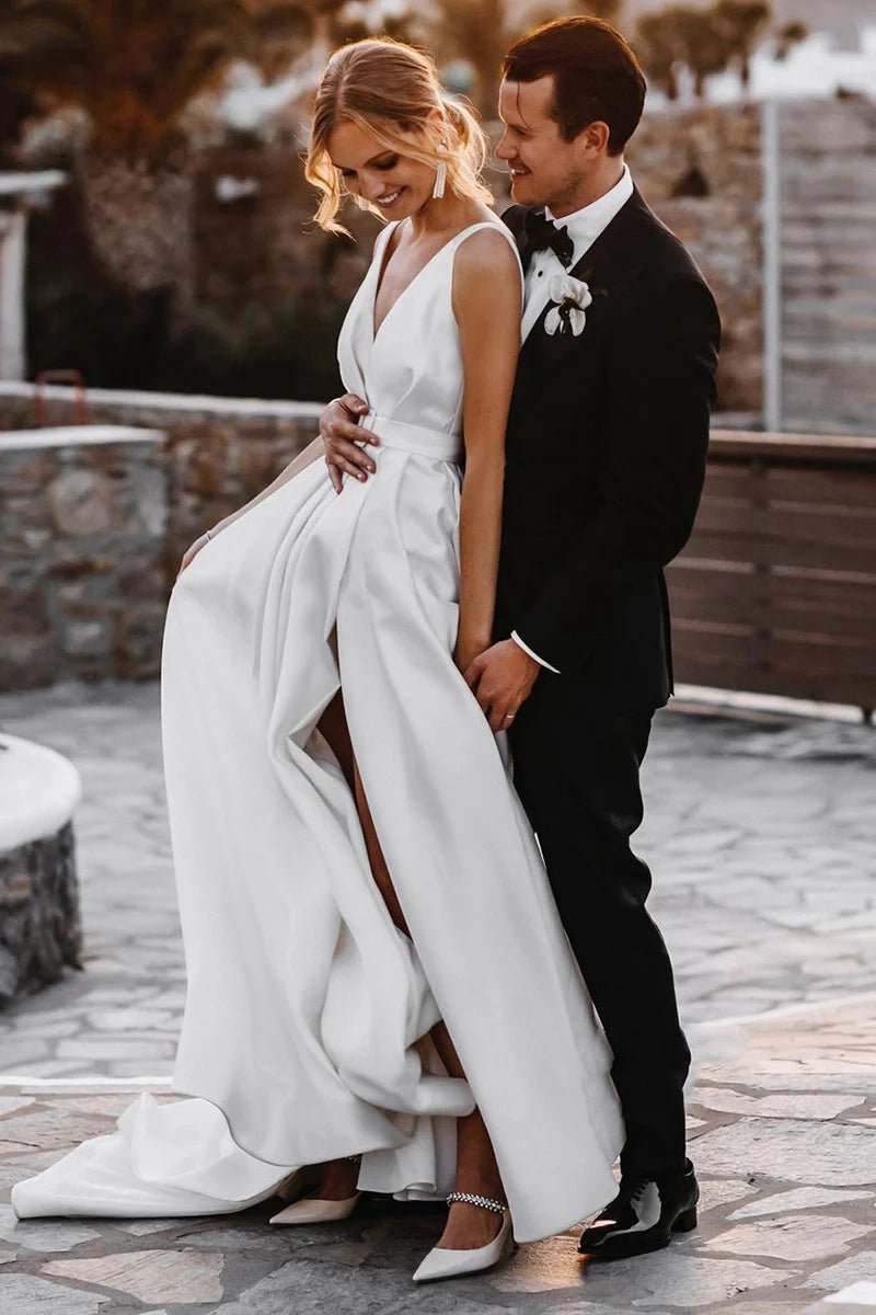 Attractive Deep V-Neck Satin Bohemian Wedding Dresses
