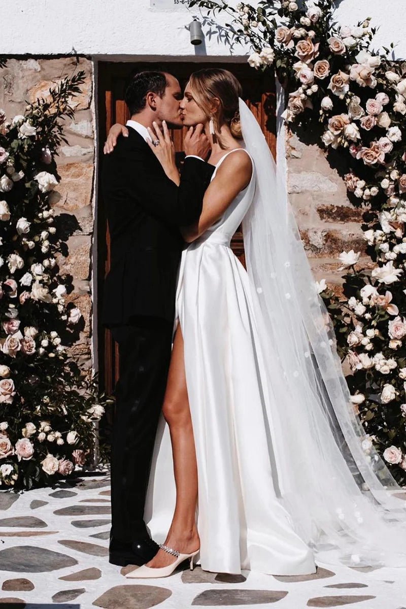 Attractive Deep V-Neck Satin Bohemian Wedding Dresses