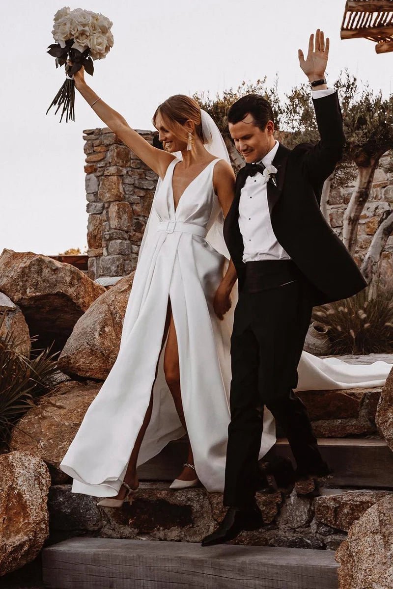 Attractive Deep V-Neck Satin Bohemian Wedding Dresses