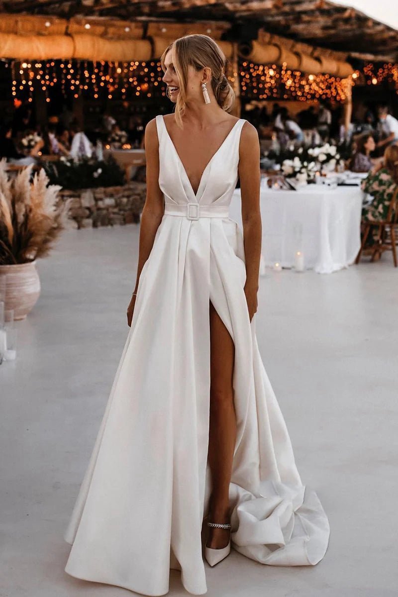 Attractive Deep V-Neck Satin Bohemian Wedding Dresses