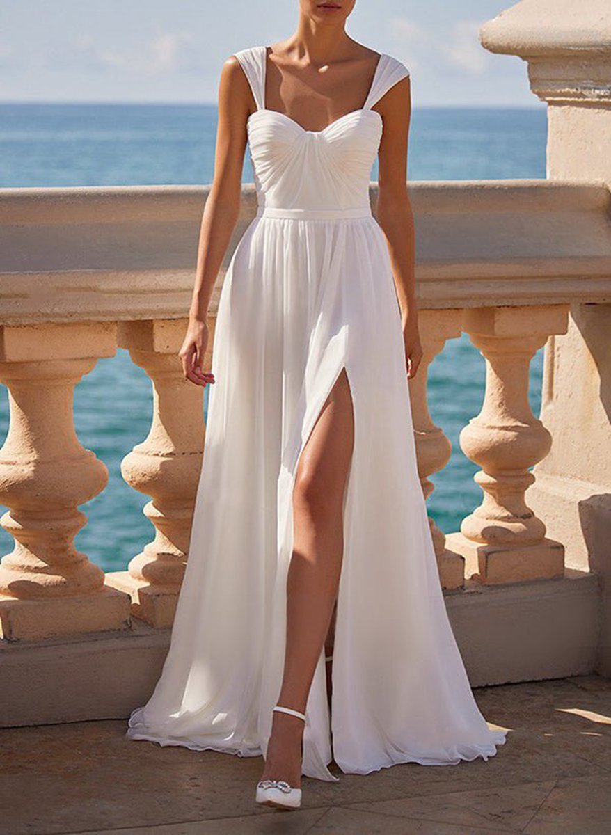 A-line Square Neckline Sleeveless Chiffon Wedding Dresses with High Split