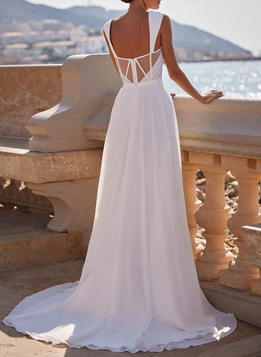 A-line Square Neckline Sleeveless Chiffon Wedding Dresses with High Split