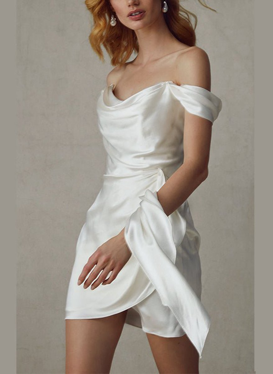 Sheath Off-The-Shoulder Short Mini Silk Like Satin Wedding Dresses