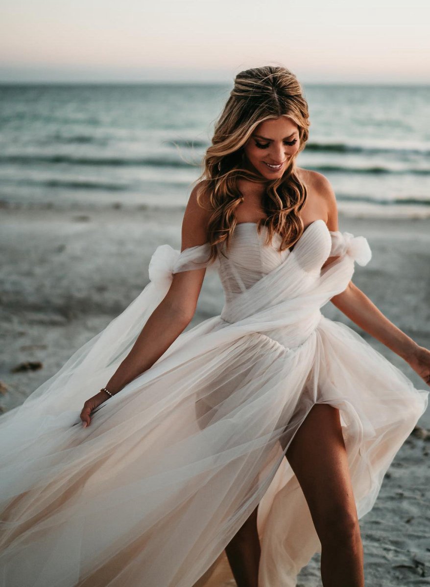 Beach Pleated Tulle Off-The-Shoulder A-line Wedding Dresses with Slit