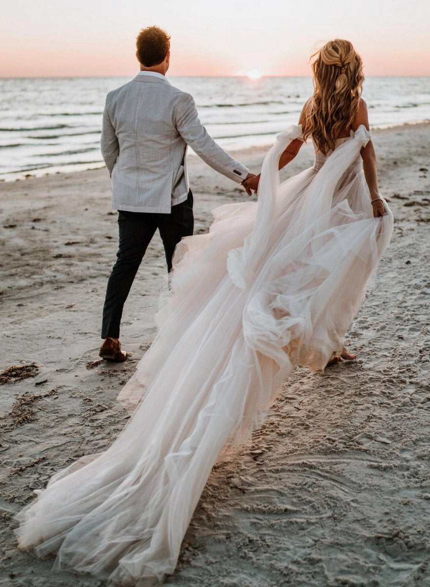 Beach Pleated Tulle Off-The-Shoulder A-line Wedding Dresses with Slit