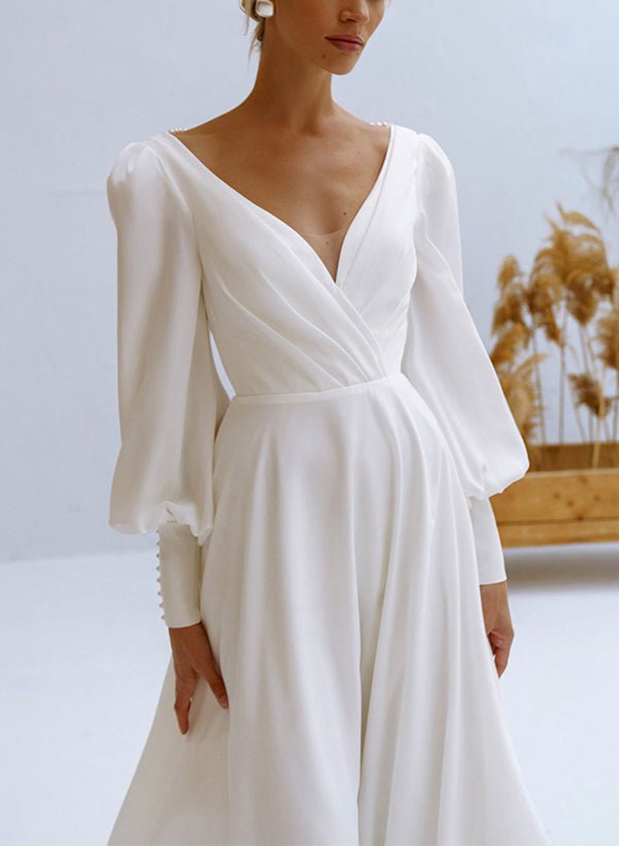 A-line V-Neck Long Sleeves Chiffon Wedding Dresses with Beading