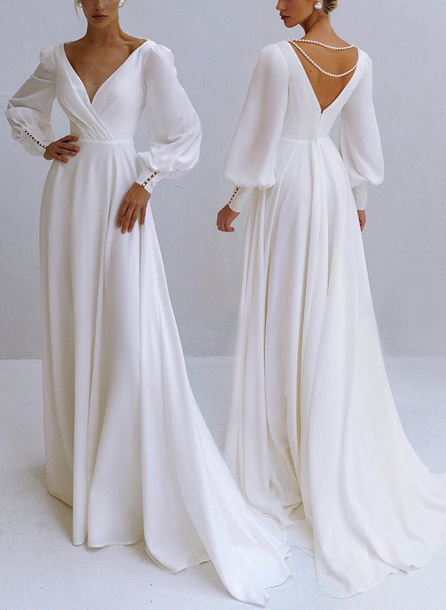 A-line V-Neck Long Sleeves Chiffon Wedding Dresses with Beading