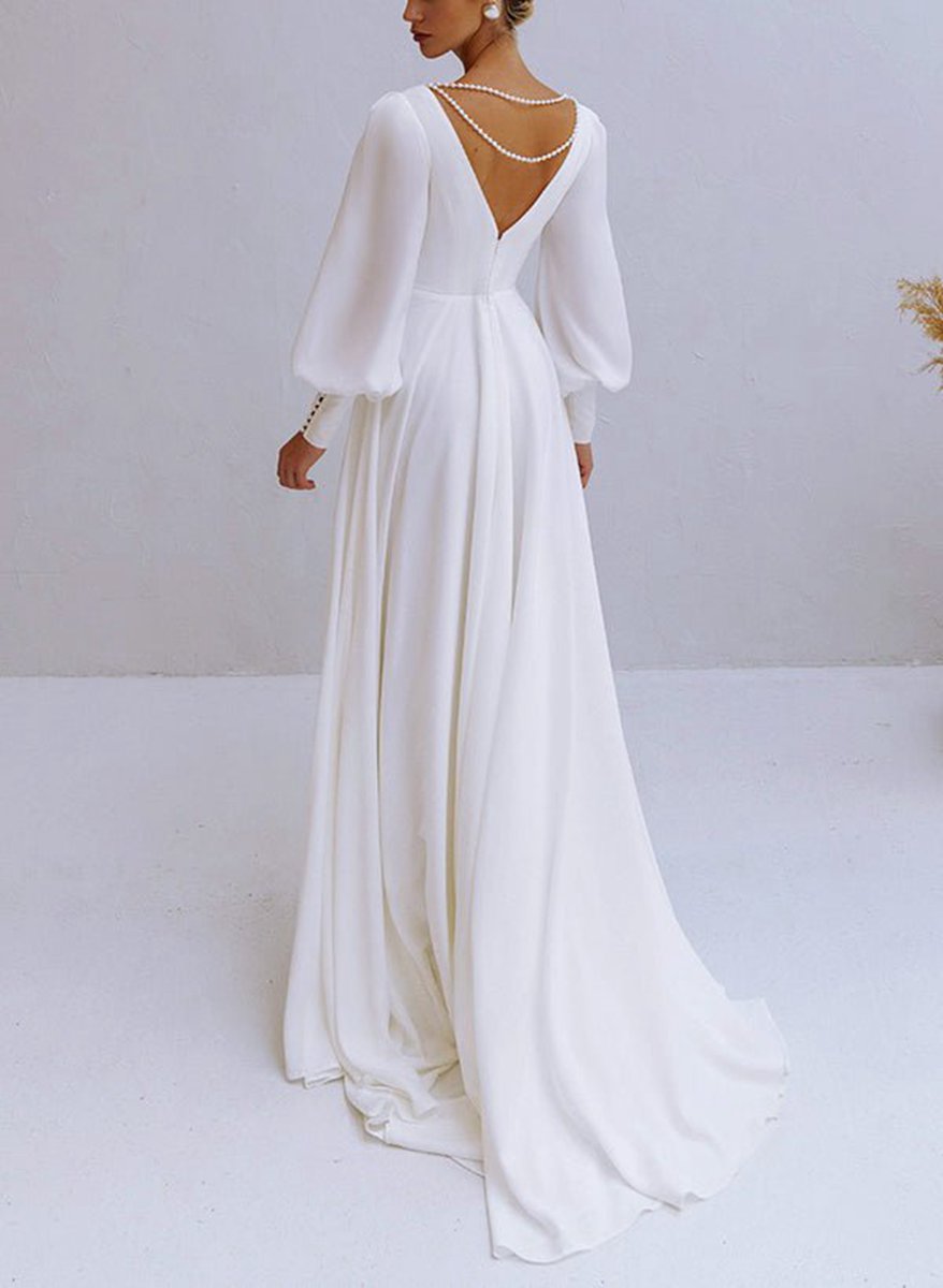 A-line V-Neck Long Sleeves Chiffon Wedding Dresses with Beading