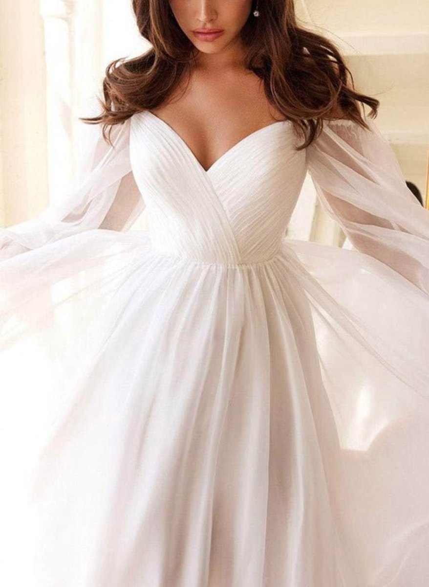 A-line Off-the-Shoulder Long Sleeves Chiffon Floor-Length Wedding Dresses