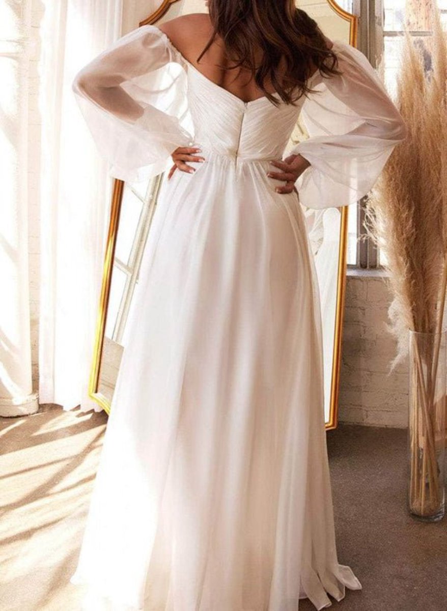 A-line Off-the-Shoulder Long Sleeves Chiffon Floor-Length Wedding Dresses