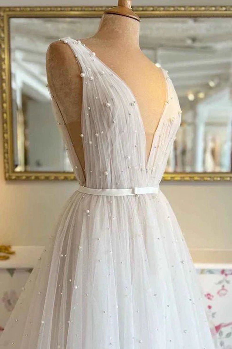 A-line V neck Pearls Elegant Wedding Dresses