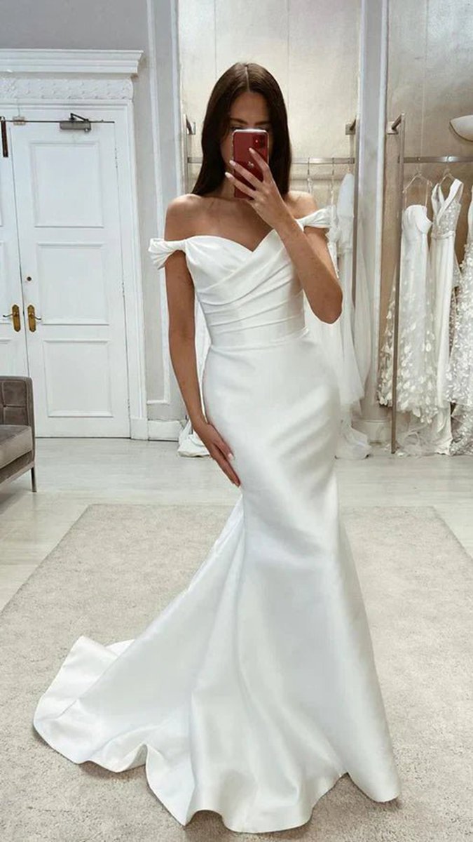 Chic Satin Mermaid Off-Shoulder Ruched with Train Beach Wedding Dresses